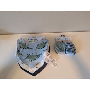 Carters Child Of Mine 3-Pack Bandana Bibs & 2-Pack Mittens Dinosaur Print Baby A